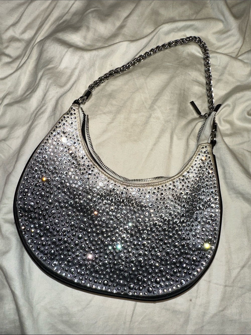 Nina Silver Crystal-Embellished Crescent Shoulder Bag